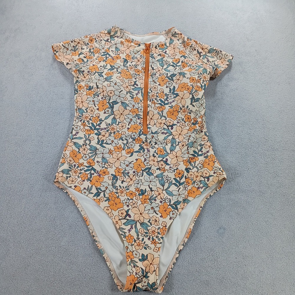 Womens Floral Short Sleeve Rash Guard One Piece Orange Blue M Zip Front Swimsuit